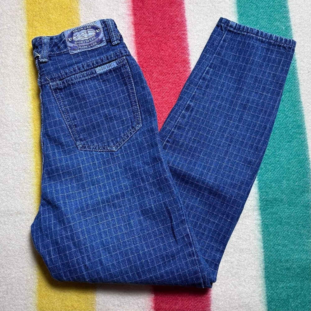 Vintage 1980s Grid Print Blue Jeans Union Bay Size XXS, 24"x27" Mid Rise Tapered
